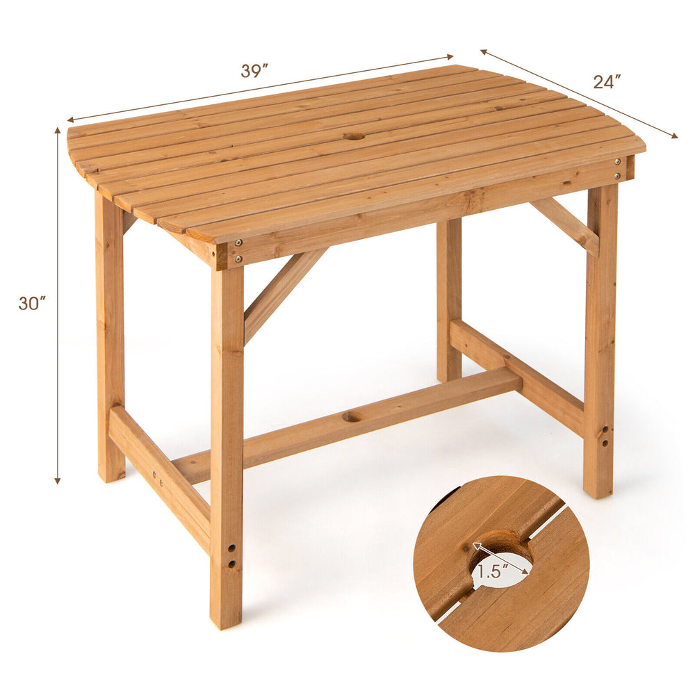 Outdoor fir wood dining table with slatted top, 1.5" umbrella hole, suitable for patio or garden use, dimensions.