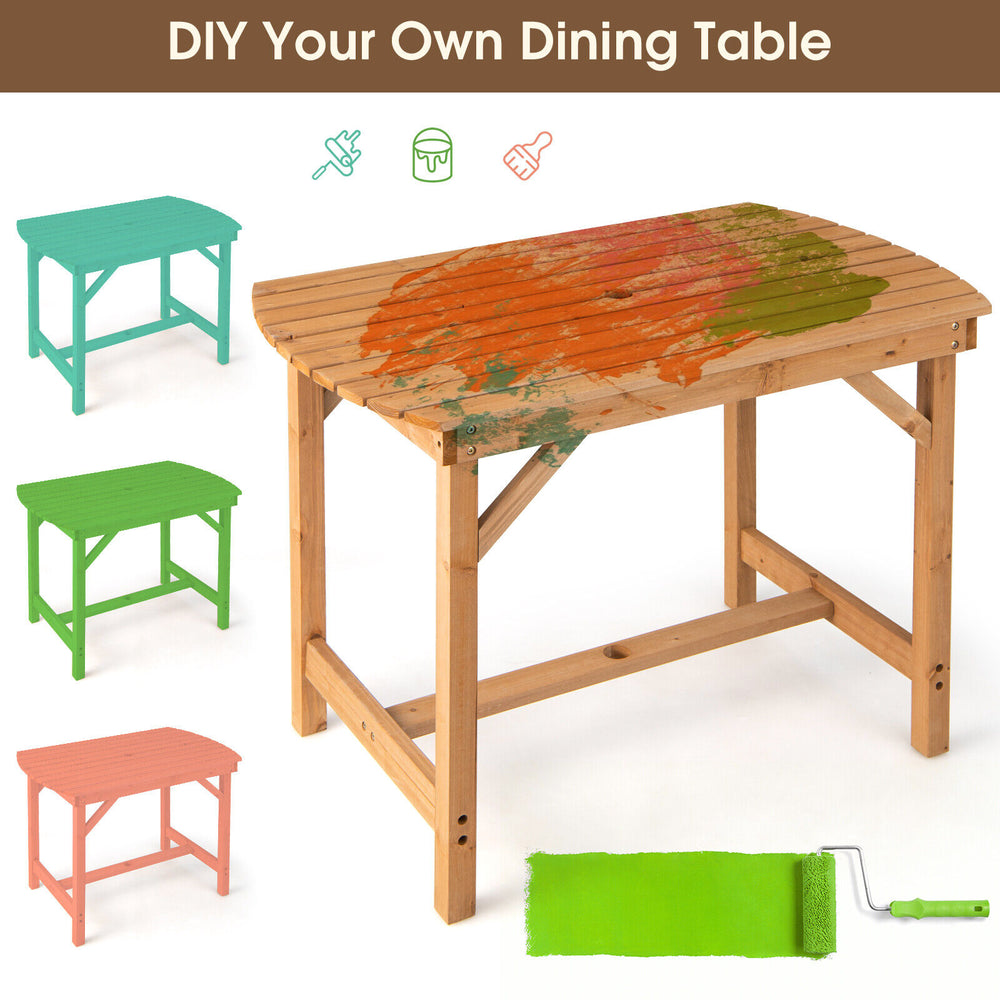 Outdoor fir wood dining table with slatted top, 1.5" umbrella hole, suitable for patio or garden, customizable colors.