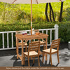 Outdoor fir wood dining table with slatted top and 1.5-inch umbrella hole, perfect for patio or garden use.