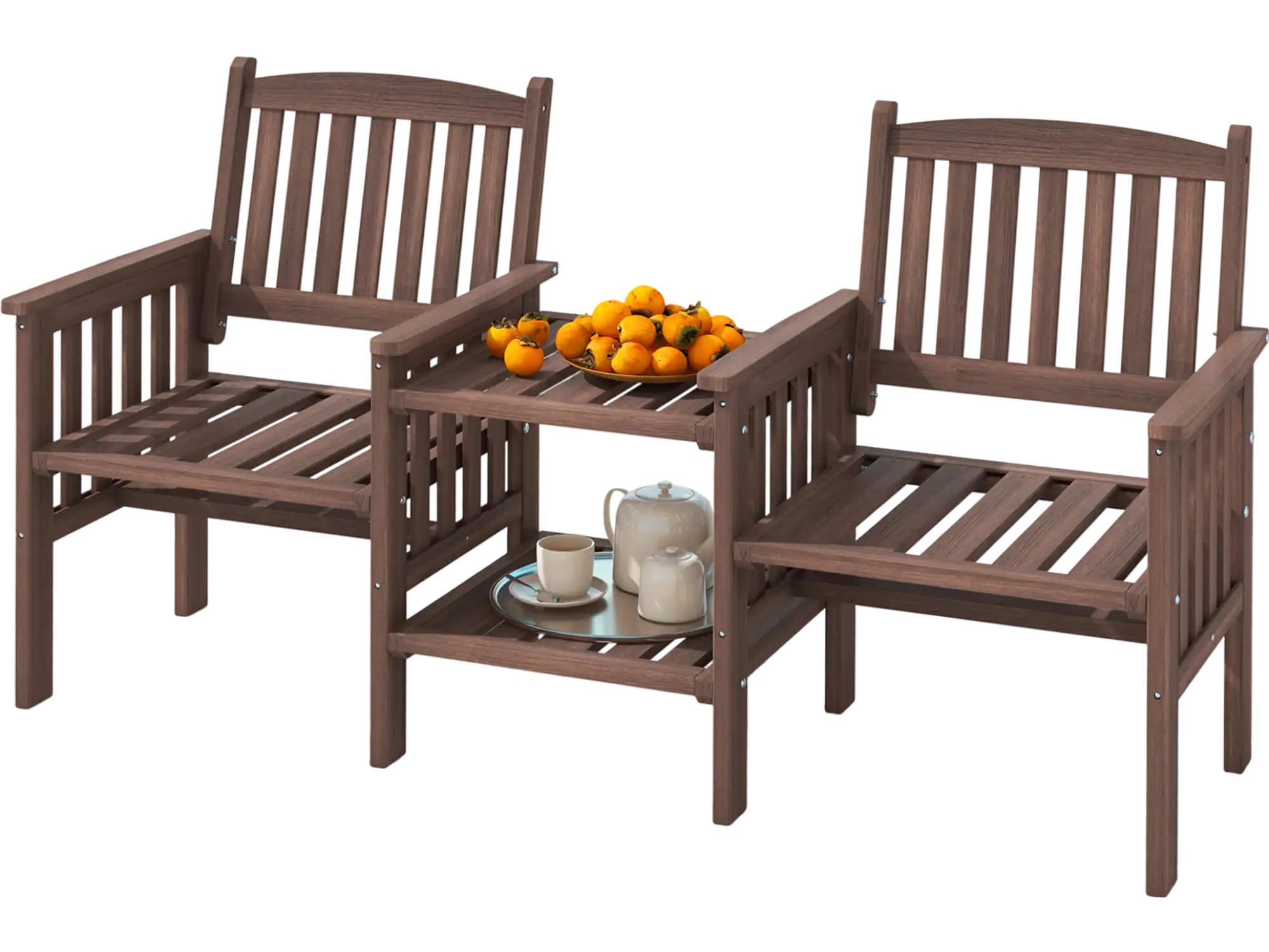 Costway Outdoor Fir Wood Loveseat Bench w/ 2-Tier Side Table Umbrella Hole Coffee 79214568 New