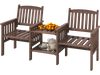 Two outdoor fir wood chairs with a 2-tier side table, featuring a slatted design and umbrella hole for patio relaxation.