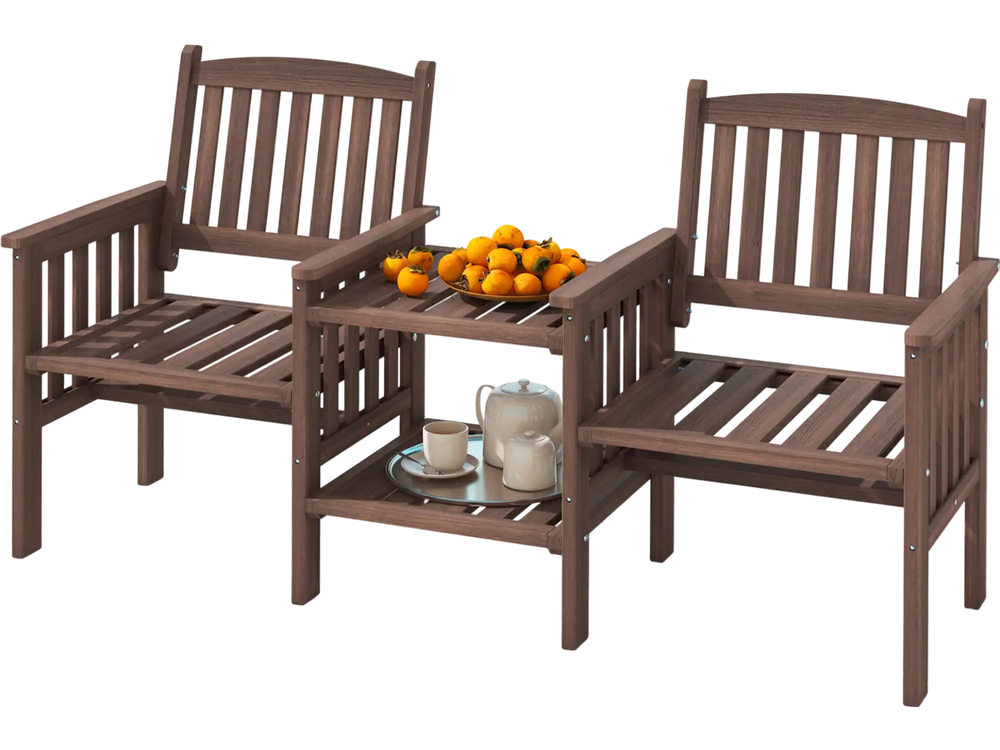 Two outdoor fir wood chairs with a 2-tier side table, featuring a slatted design and umbrella hole for patio relaxation.