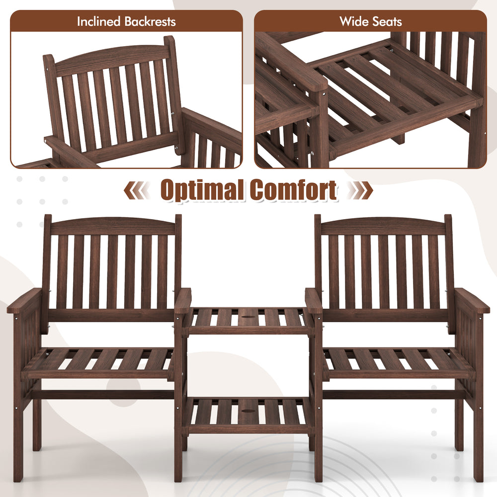 Outdoor fir wood loveseat with contoured backrests, wide seats, and a 2-tier side table for patio relaxation.