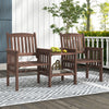 Two outdoor fir wood chairs with a 2-tier side table, featuring a slatted design and umbrella hole, perfect for patio.