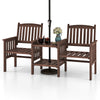 Outdoor fir wood loveseat set with 2-tier side table, contoured backrests, and umbrella hole for patio relaxation.