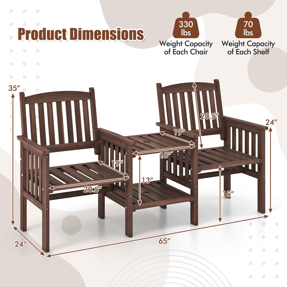 Outdoor fir wood loveseat with contoured backrests, slatted design, and 2-tier side table for patio relaxation.
