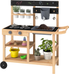 Outdoor fir wood play kitchen with smooth wheels, convenient handle, and open shelves for easy access to toys and.