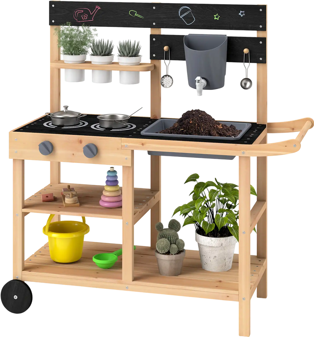 Outdoor fir wood play kitchen with smooth wheels, convenient handle, and open shelves for easy access to toys and.