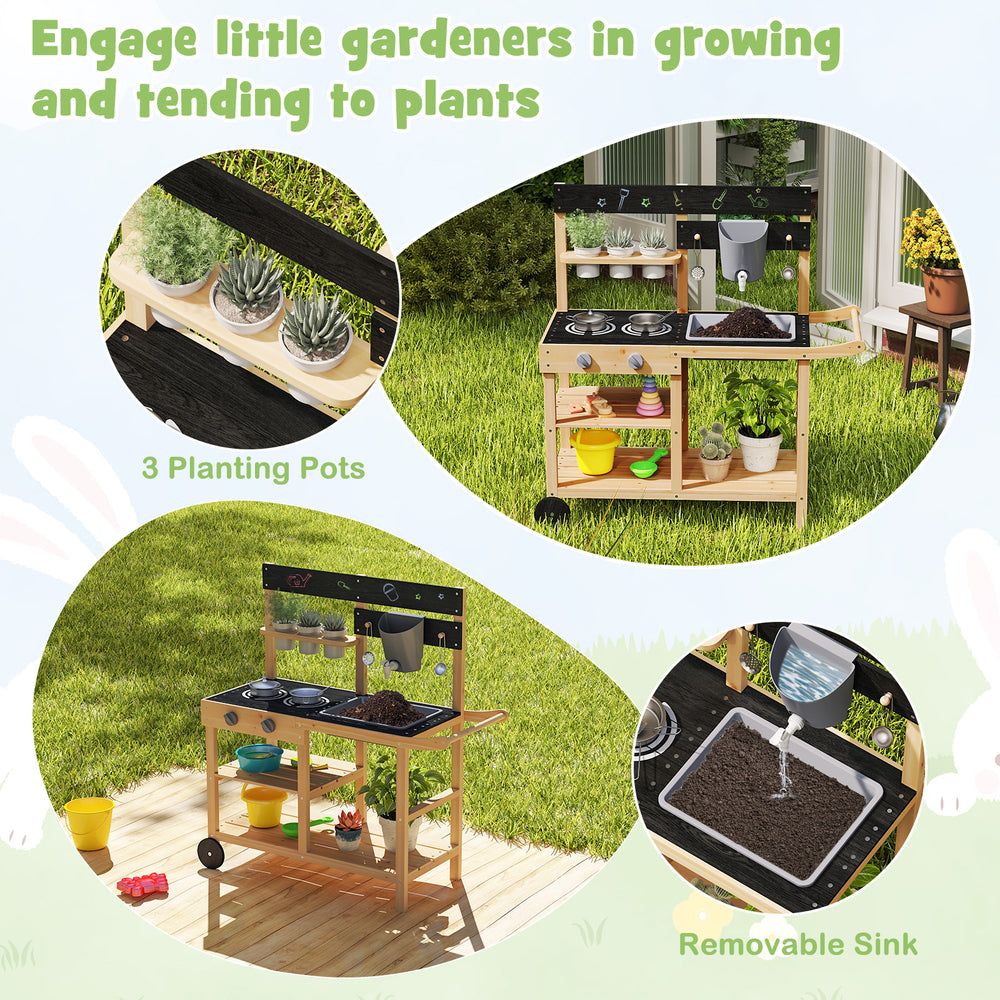 Outdoor fir wood play kitchen with removable sink and 3 planting pots for kids' gardening fun and imaginative play.