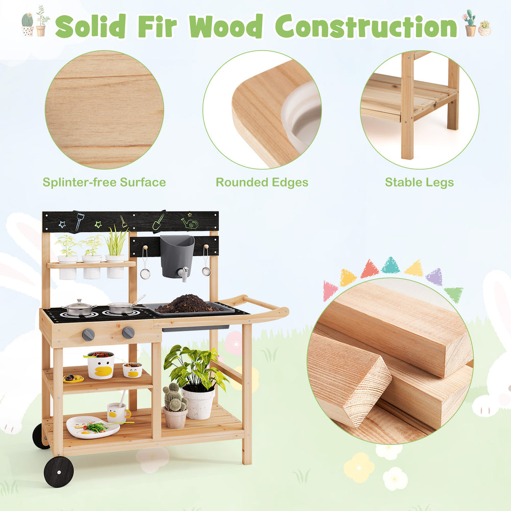 Outdoor fir wood play kitchen featuring a blackboard, planting pots, and removable sink for imaginative play.