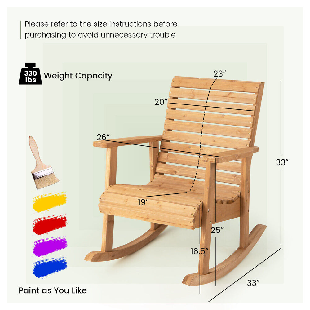 Outdoor fir wood rocking chair with high backrest, featuring wide armrests and a 330 lbs weight capacity, ideal for.
