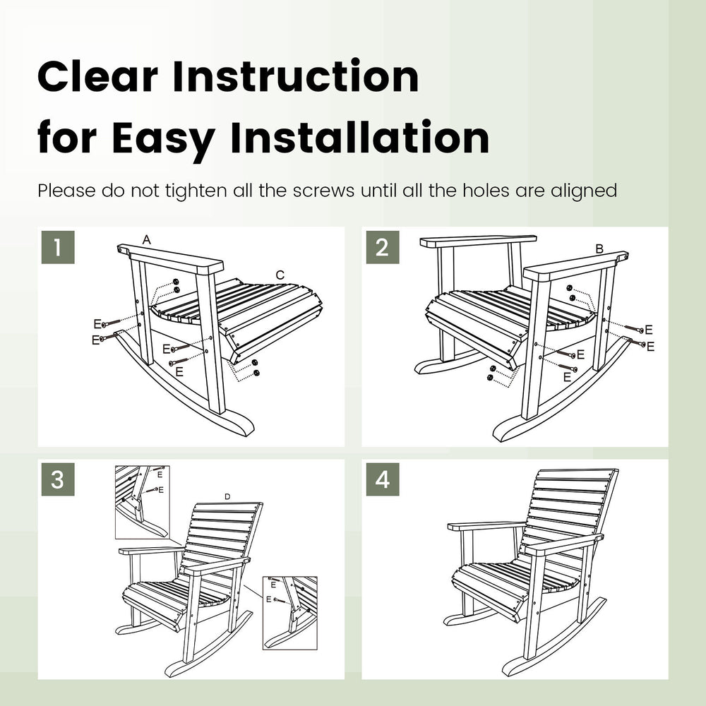 Clear installation instructions for the Outdoor Fir Wood Rocking Chair with high backrest, featuring assembly steps.