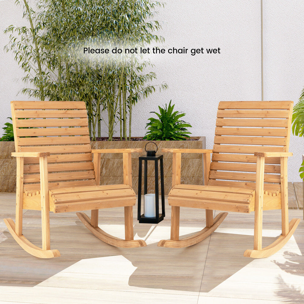 Outdoor fir wood rocking chairs with high backrest, perfect for patio relaxation and DIY projects.