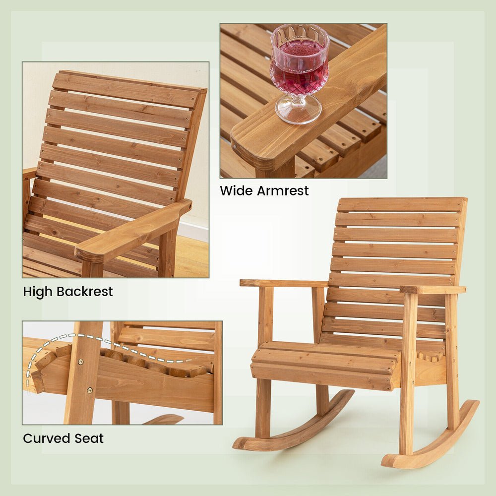 Outdoor fir wood rocking chair with high backrest, curved seat, and wide armrests, ideal for patio relaxation.