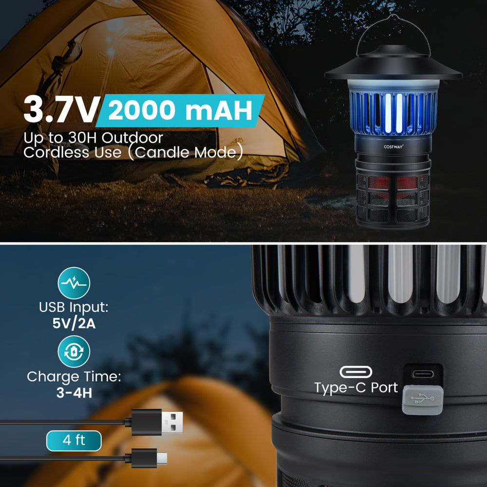 Rechargeable outdoor fly trap with light, 2000mAh battery, UV bug attraction, and waterproof design for camping use.
