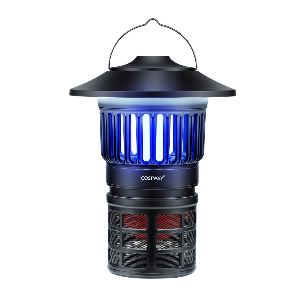 Outdoor fly trap with light featuring UV attraction, rechargeable battery, and multiple lighting modes for bug control.