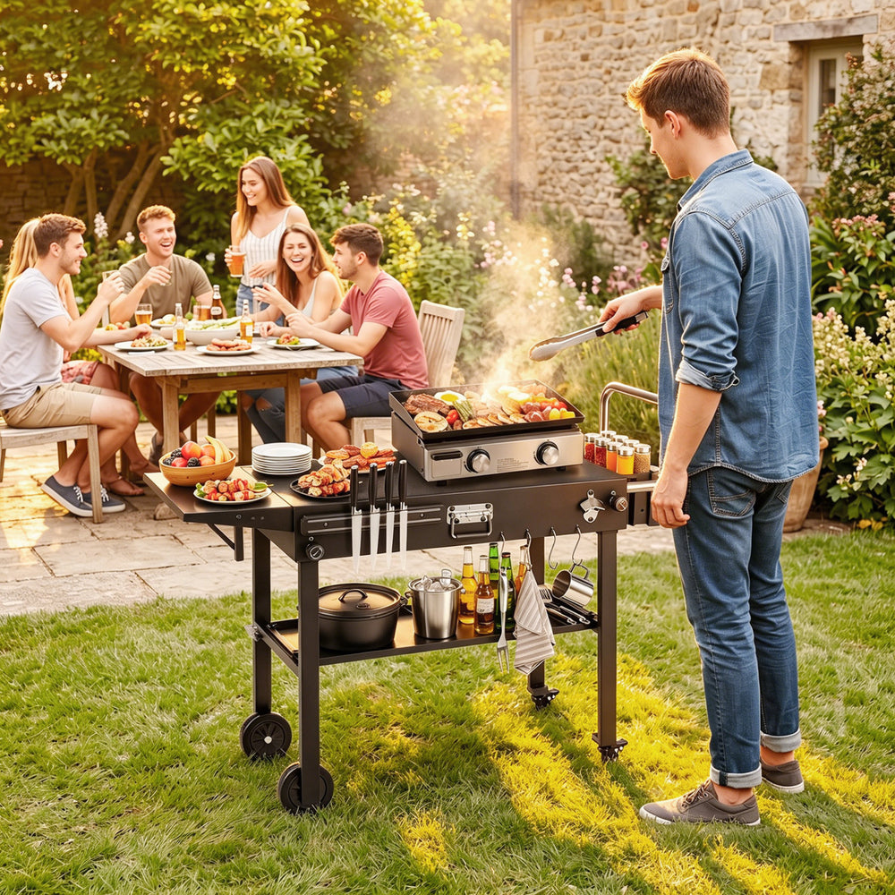 Outdoor grill cart with a 31” x 17” tabletop, featuring a foldable design and storage for convenient outdoor cooking.