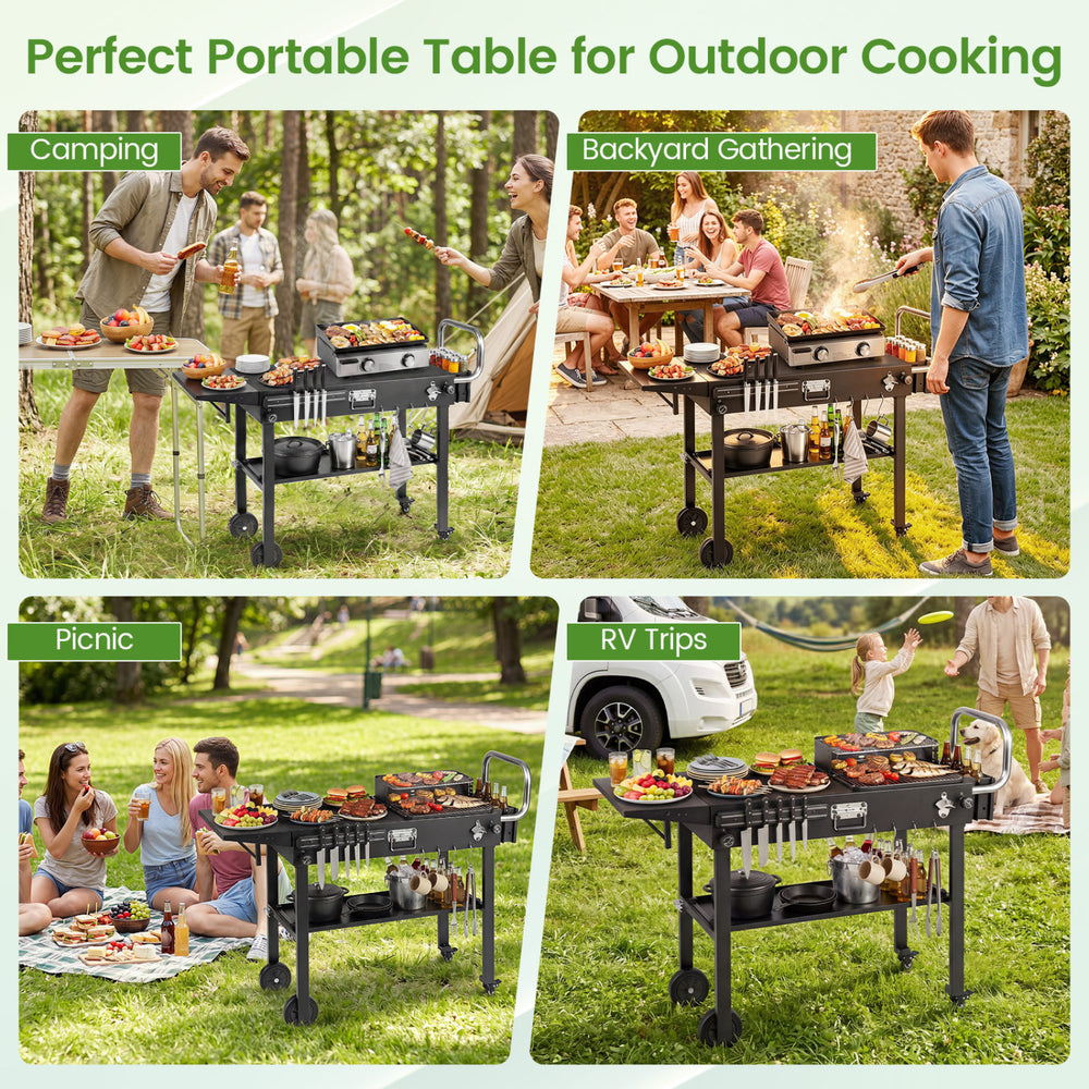 Foldable outdoor grill cart with a 31” x 17” heat-resistant tabletop, perfect for camping and backyard gatherings.