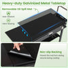 Heavy-duty galvanized metal tabletop with removable oil spill mat for easy cleanup during outdoor grilling.