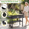 Foldable outdoor grill cart with a 31” x 17” heat-resistant tabletop, ergonomic handle, and lockable wheels for easy transport.