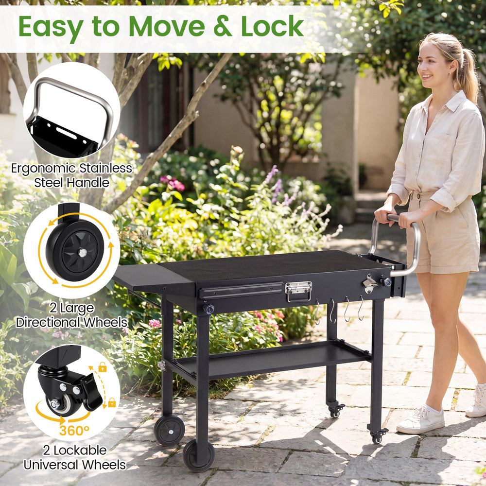 Foldable outdoor grill cart with a 31” x 17” heat-resistant tabletop, ergonomic handle, and lockable wheels for easy transport.