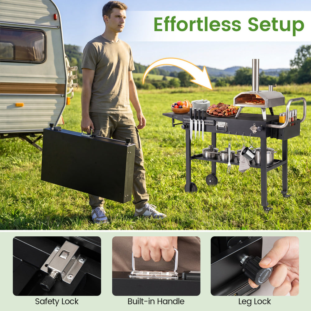 Foldable outdoor grill cart with a 31” x 17” tabletop, featuring a heat-resistant surface and convenient storage options.