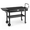 Foldable outdoor grill cart with a 31” x 17” heat-resistant tabletop, featuring wheels and storage for convenient cooking.