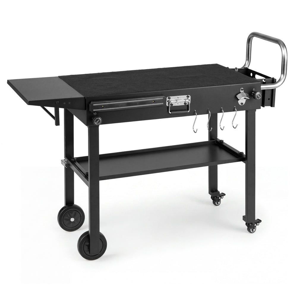 Foldable outdoor grill cart with a 31” x 17” heat-resistant tabletop, featuring wheels and storage for convenient cooking.