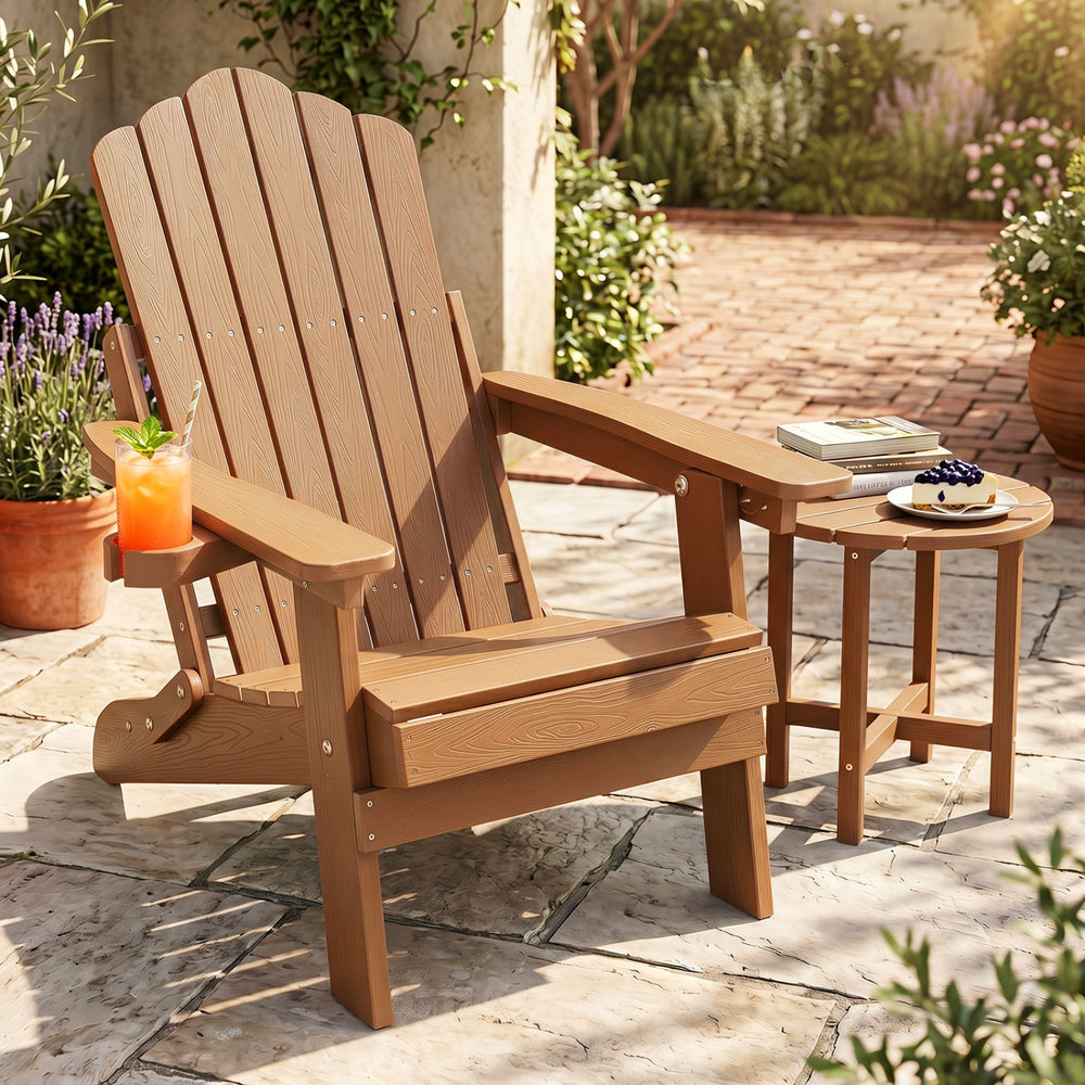 Outdoor folding Adirondack chair in coffee color features a cup holder and adjustable 5-level backrest for ultimate comfort.