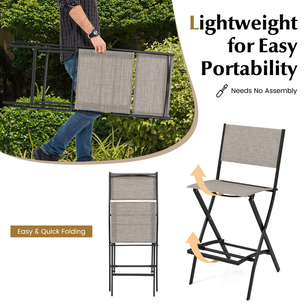 Outdoor folding bar height stool set of 4 with metal frame, featuring a spacious seat and lightweight design for easy.