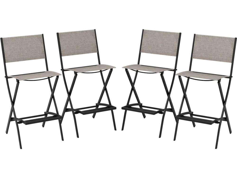 Set of 4 outdoor folding bar height stools with metal frame, breathable fabric seats, and footrests for easy storage.
