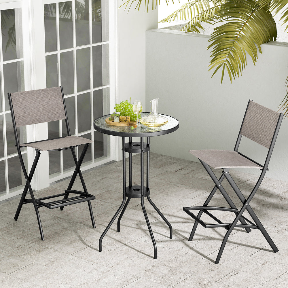 Folding bar height stool set with metal frame and footrest, perfect for outdoor relaxation and easy storage.