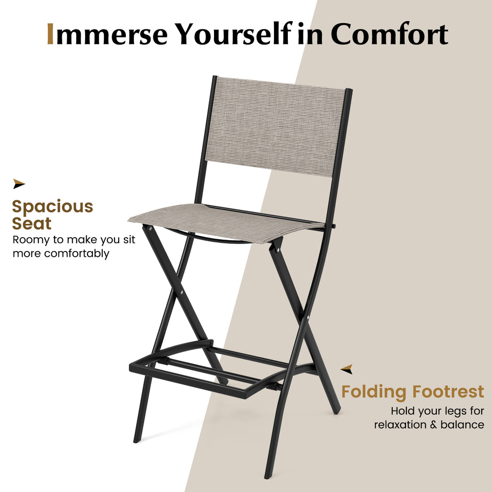 Outdoor folding bar height stool with spacious seat and folding footrest, designed for comfort and easy storage.