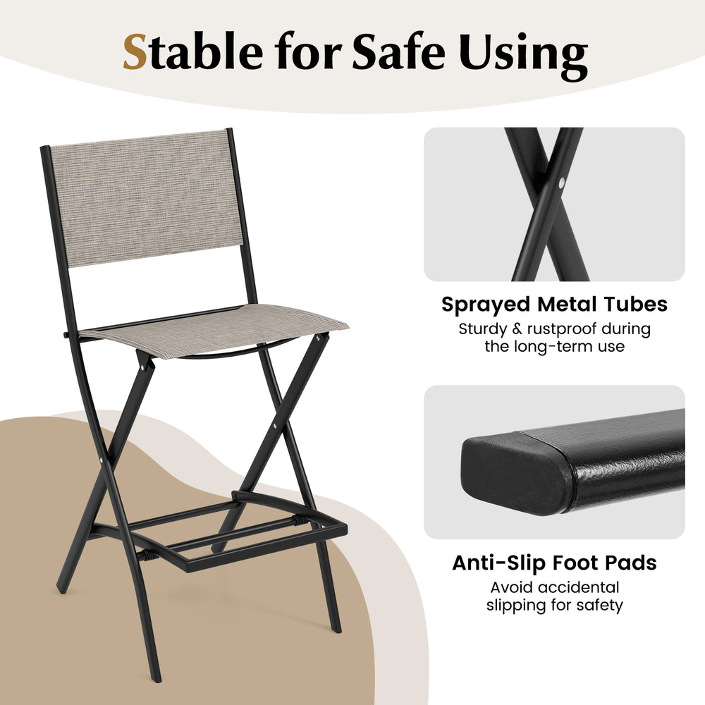 Outdoor folding bar height stool with a spacious seat, sturdy metal frame, and anti-slip foot pads for safety.