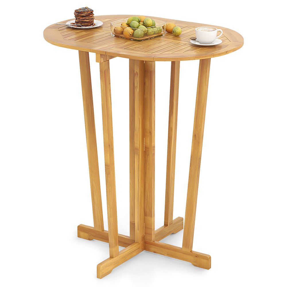 Outdoor folding bar table with oval teak wood tabletop, slatted surface, and cross base, perfect for small dining areas.