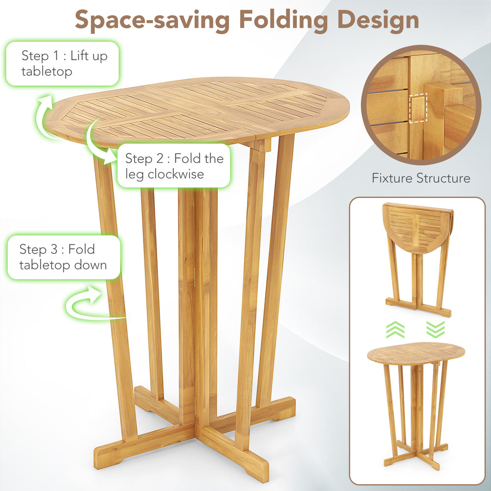 Outdoor folding bar table with oval teak wood tabletop, space-saving design, and cross base for versatile dining.