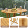 Outdoor folding bar table with oval slatted surface, solid teak wood, and stable cross-shaped base for versatile use.