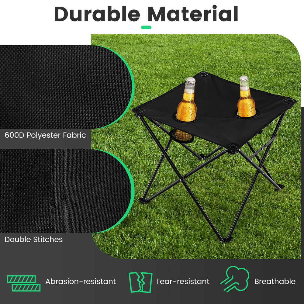 Black outdoor folding camping chair set made of durable 600D polyester fabric, featuring side storage pockets for.