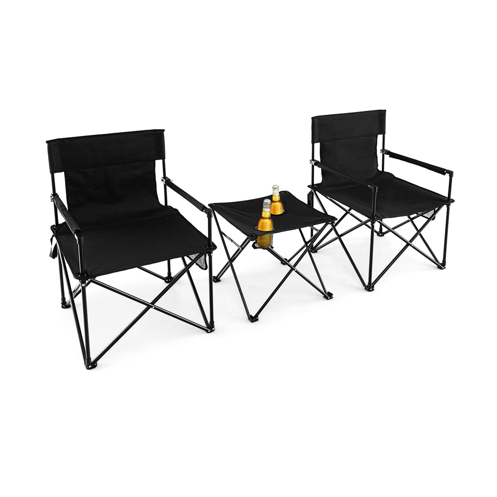 Black outdoor folding camping chairs and table set with carrying bag, featuring durable 600D polyester for versatile.