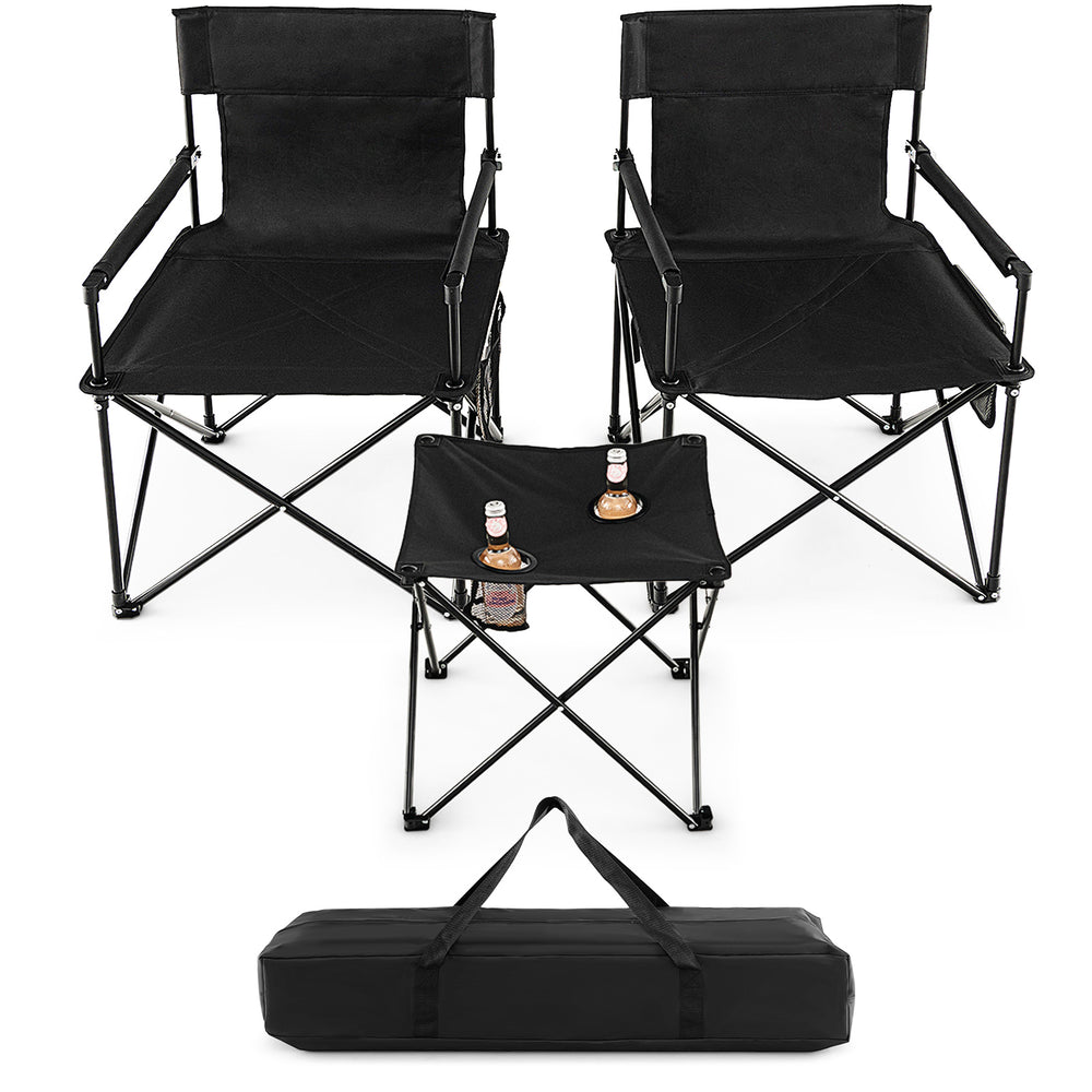 Outdoor folding camping chairs and table set in black, featuring durable fabric and convenient carrying bag for easy.
