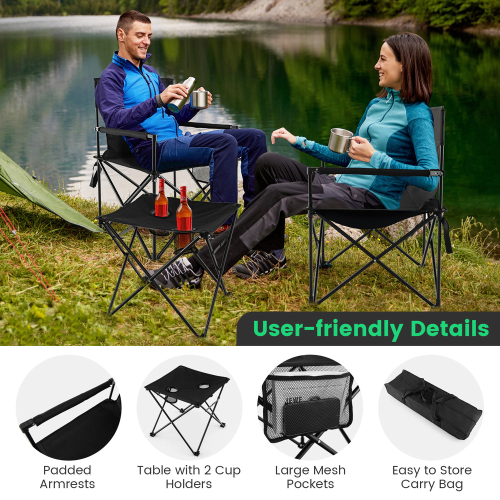 Outdoor folding camping chairs and table set in black with padded armrests and cup holders, ideal for outdoor.