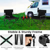 Outdoor folding camping chairs and table set in black, featuring a sturdy frame and side storage pockets for.