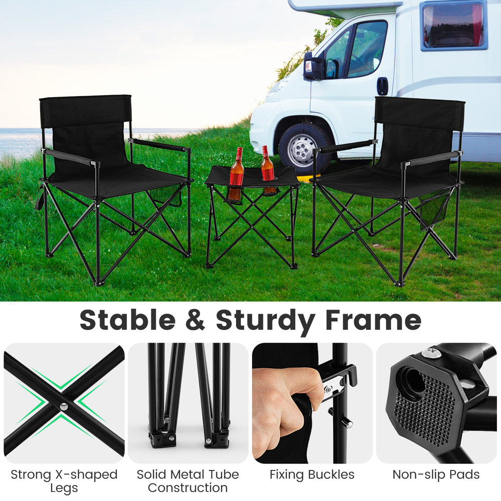 Outdoor folding camping chairs and table set in black, featuring a sturdy frame and side storage pockets for.