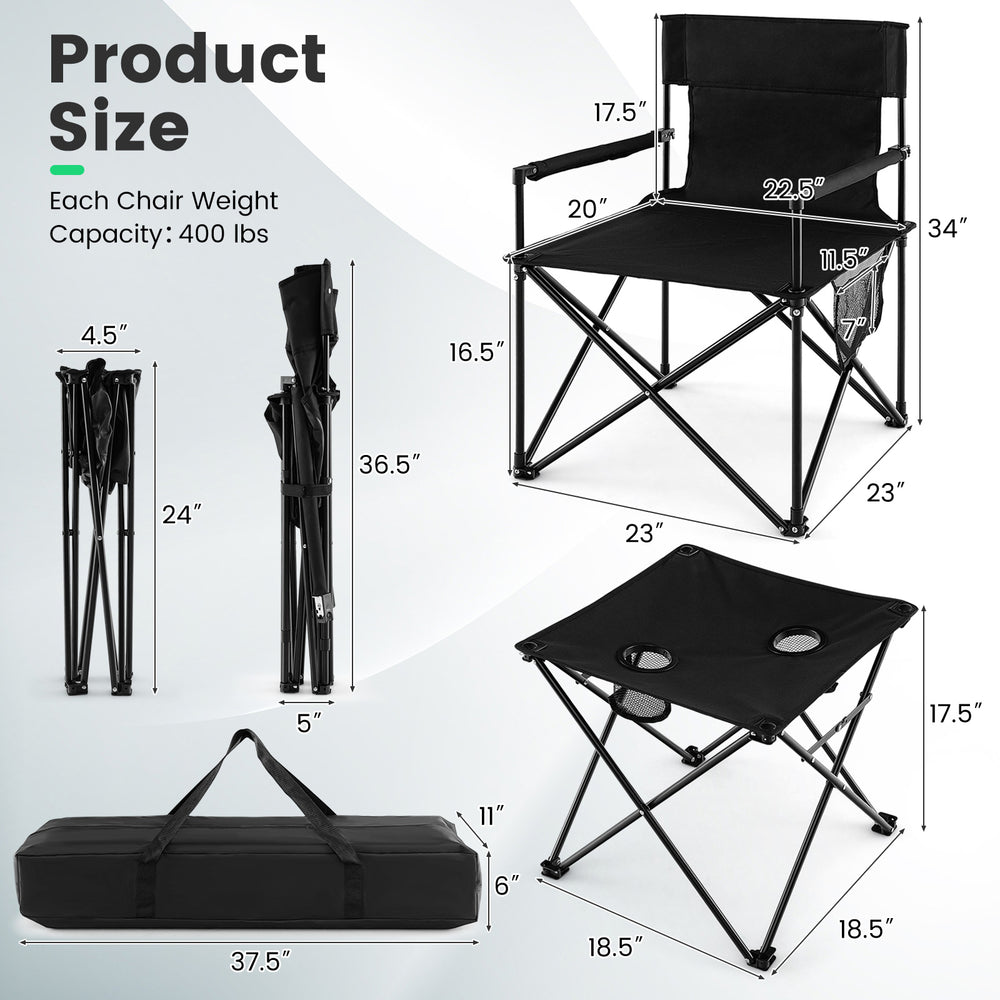 Black outdoor folding camping chairs and table set with carrying bag, featuring durable 600D polyester and high weight.
