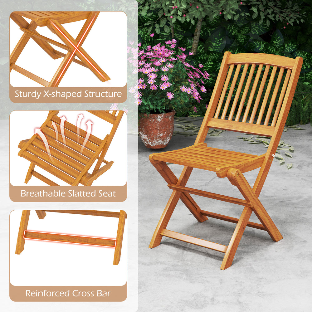 Outdoor folding chair featuring a sturdy X-shaped structure and slatted seat, ideal for picnics and dining.
