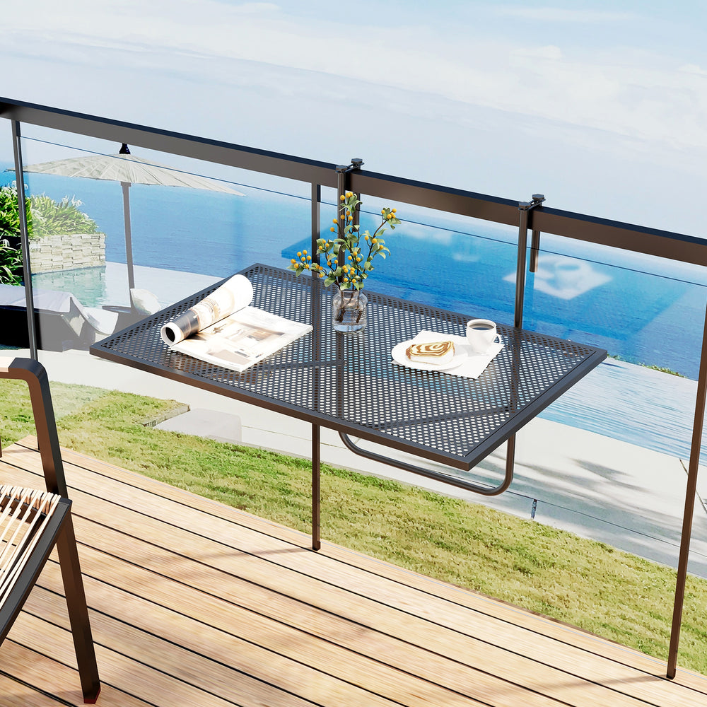 Folding hanging table with black metal frame, perfect for outdoor spaces, ideal for coffee or cocktails on the balcony.