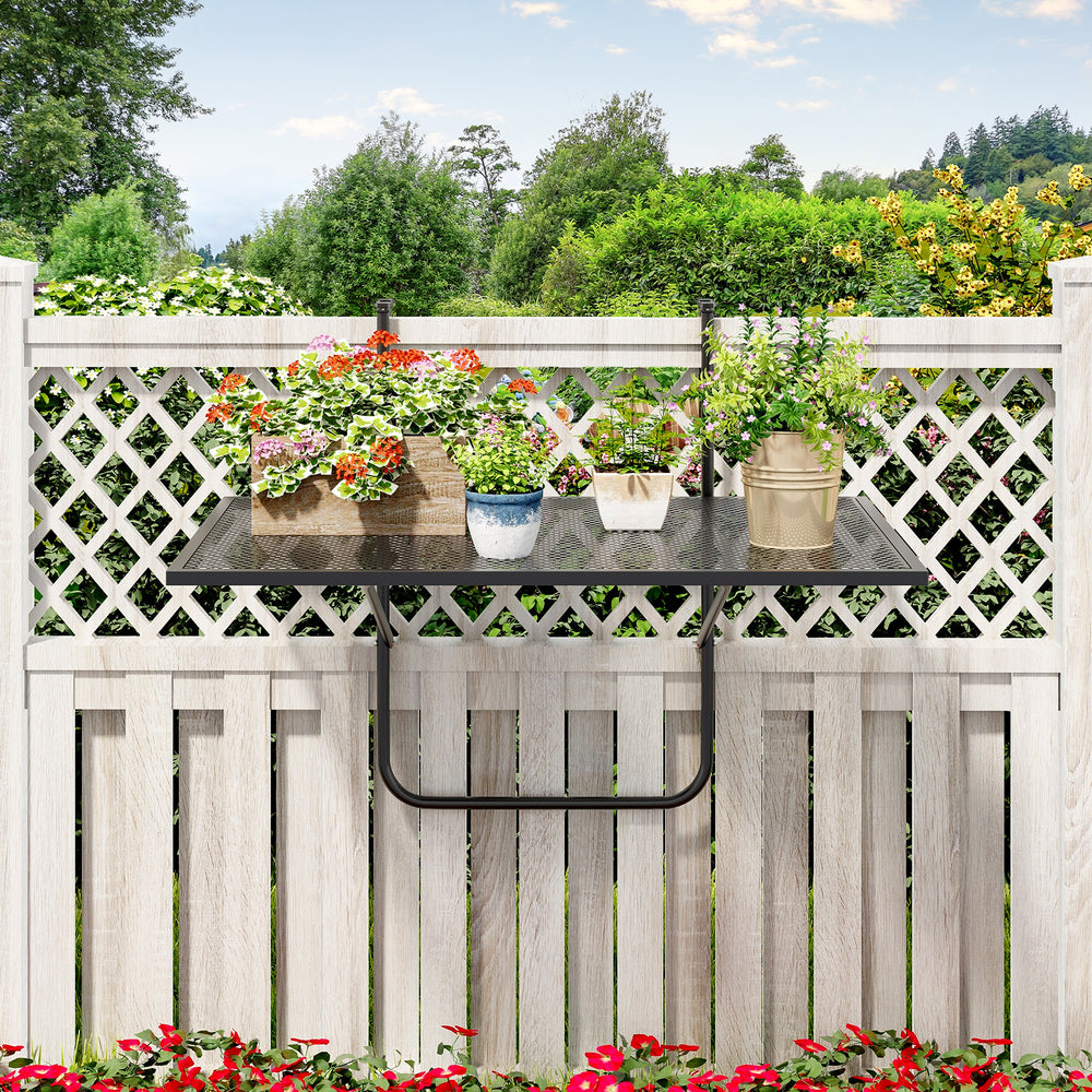 Outdoor folding hanging table with a black metal frame, perfect for saving space and enhancing your outdoor area.