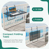 Compact folding table with metal frame in black, shown in use on a balcony railing, ideal for saving space outdoors.