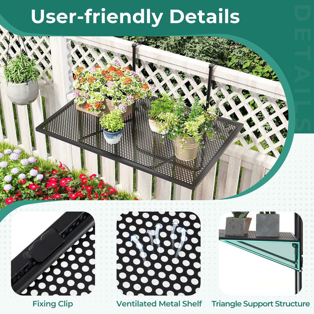 Outdoor folding hanging table with black metal frame, featuring a ventilated shelf and adjustable hooks for versatile.