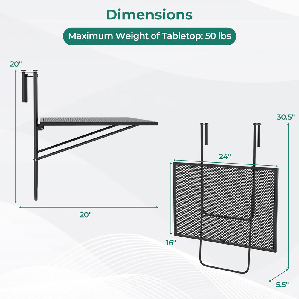 Adjustable outdoor folding hanging table with black metal frame, dimensions 20"x16", perfect for saving space.